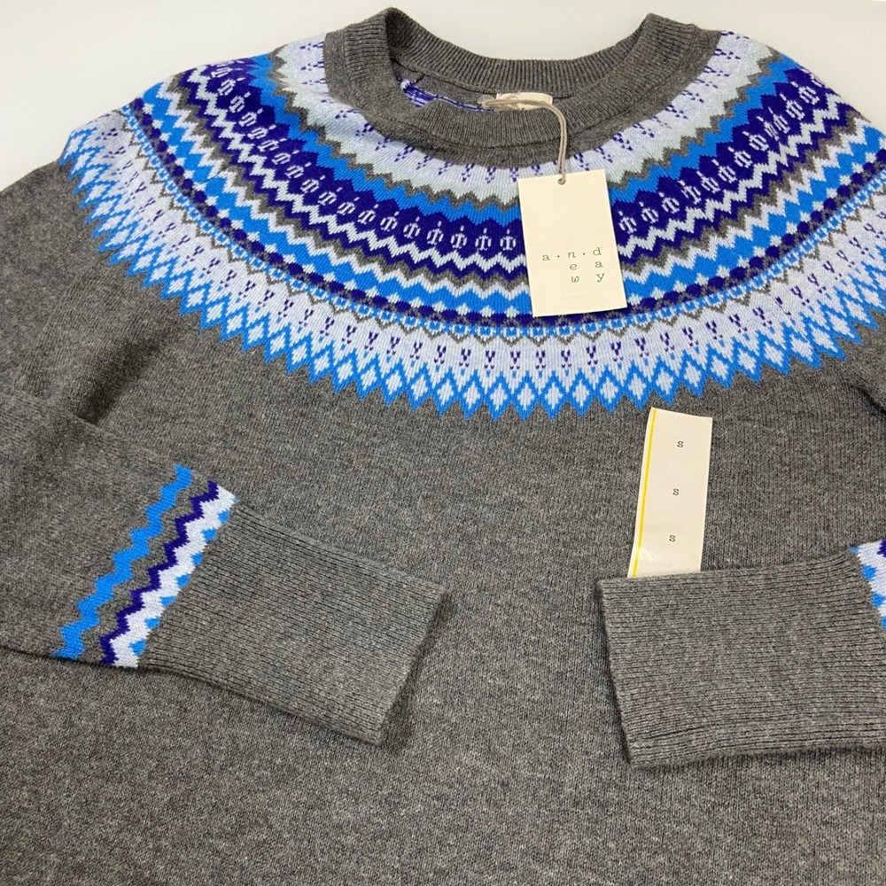 A New‎ Day Fair Isle Sweater Women Small Gray Blue Knit Crew Neck Casual